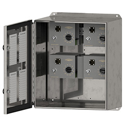A render of a CTC SSB4000 stainless steel modular switch box shown with cover unlatched.
